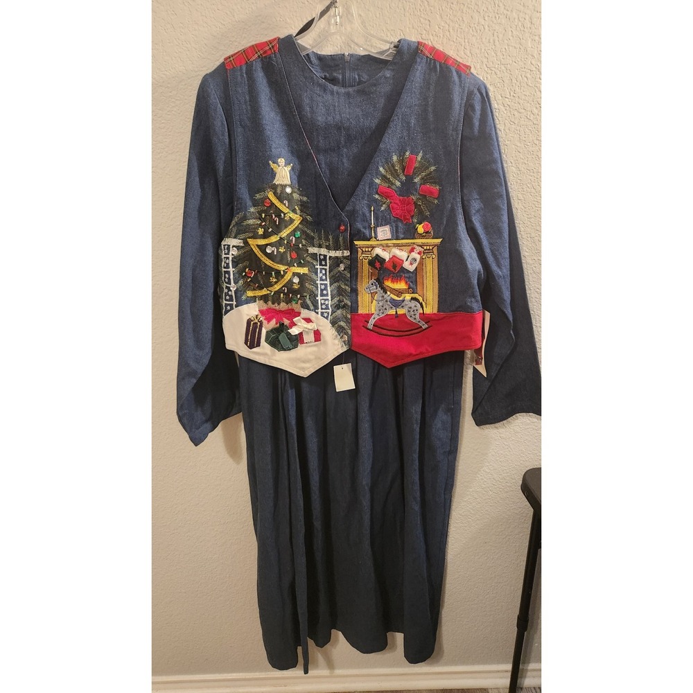 NWT denim maxi dress with a reversible Christmas vest,‎ women's 18.